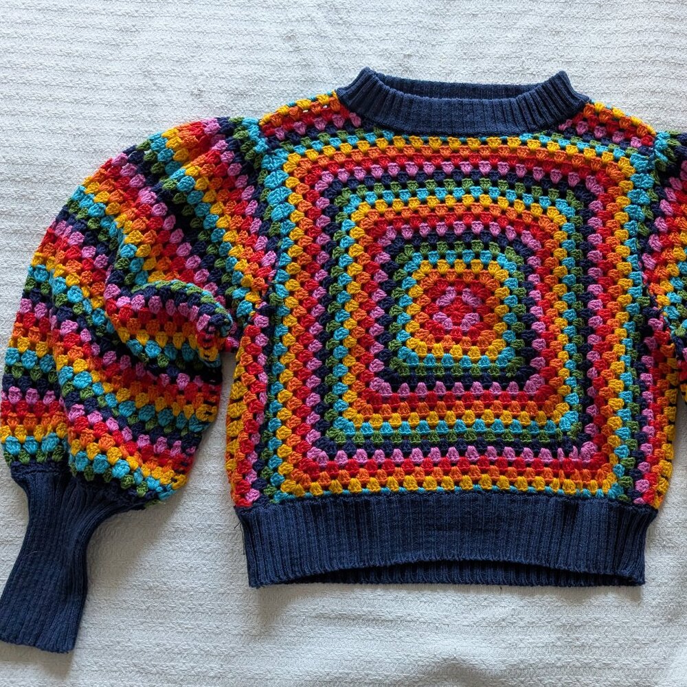 EUC FARM Rio Sunset Stripes Rainbow Crochet Sweater Size L